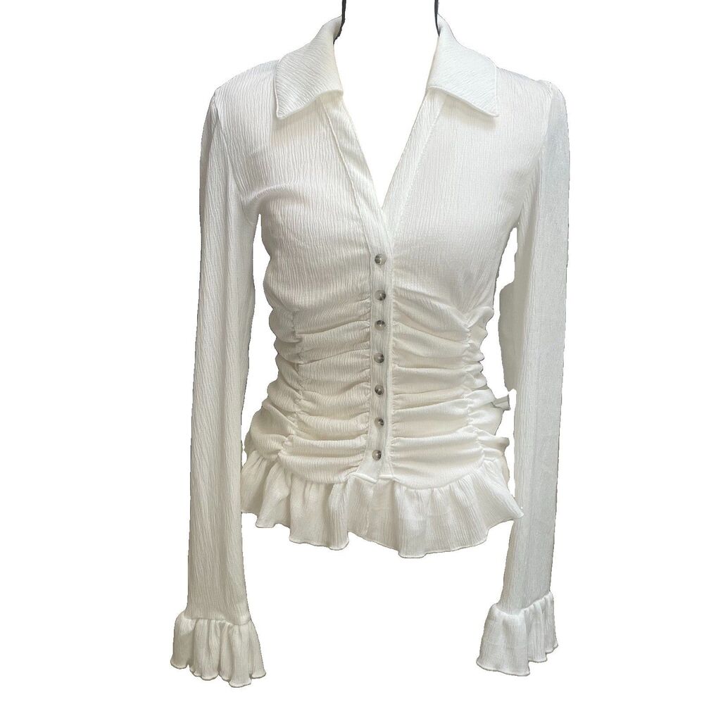 Anthropologie Maeve White Smocked Ruched Ruffle Button Front Top S Coquette Boho